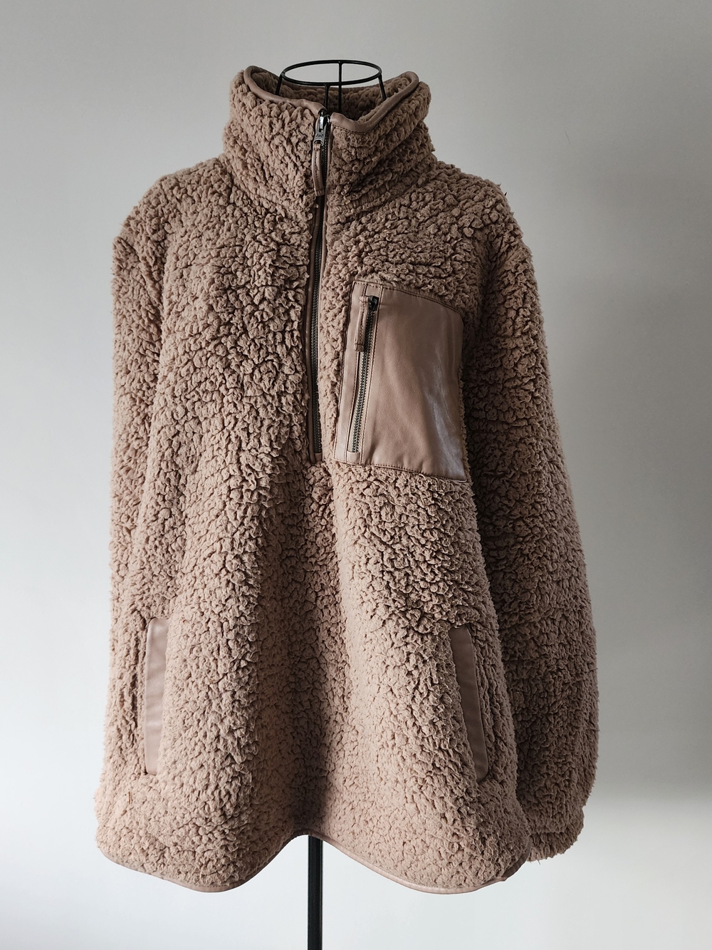 Abercrombie & Fitch Sherpa Fleece Jacket Womens XL Tan Faux Leather Trim Cozy